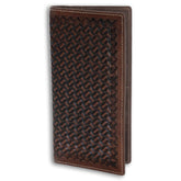 Leather rodeo wallet with tall design, full grain leather, RFID protection, multiple slots for cards, cash, and checkbook-Dark Brown Tooled